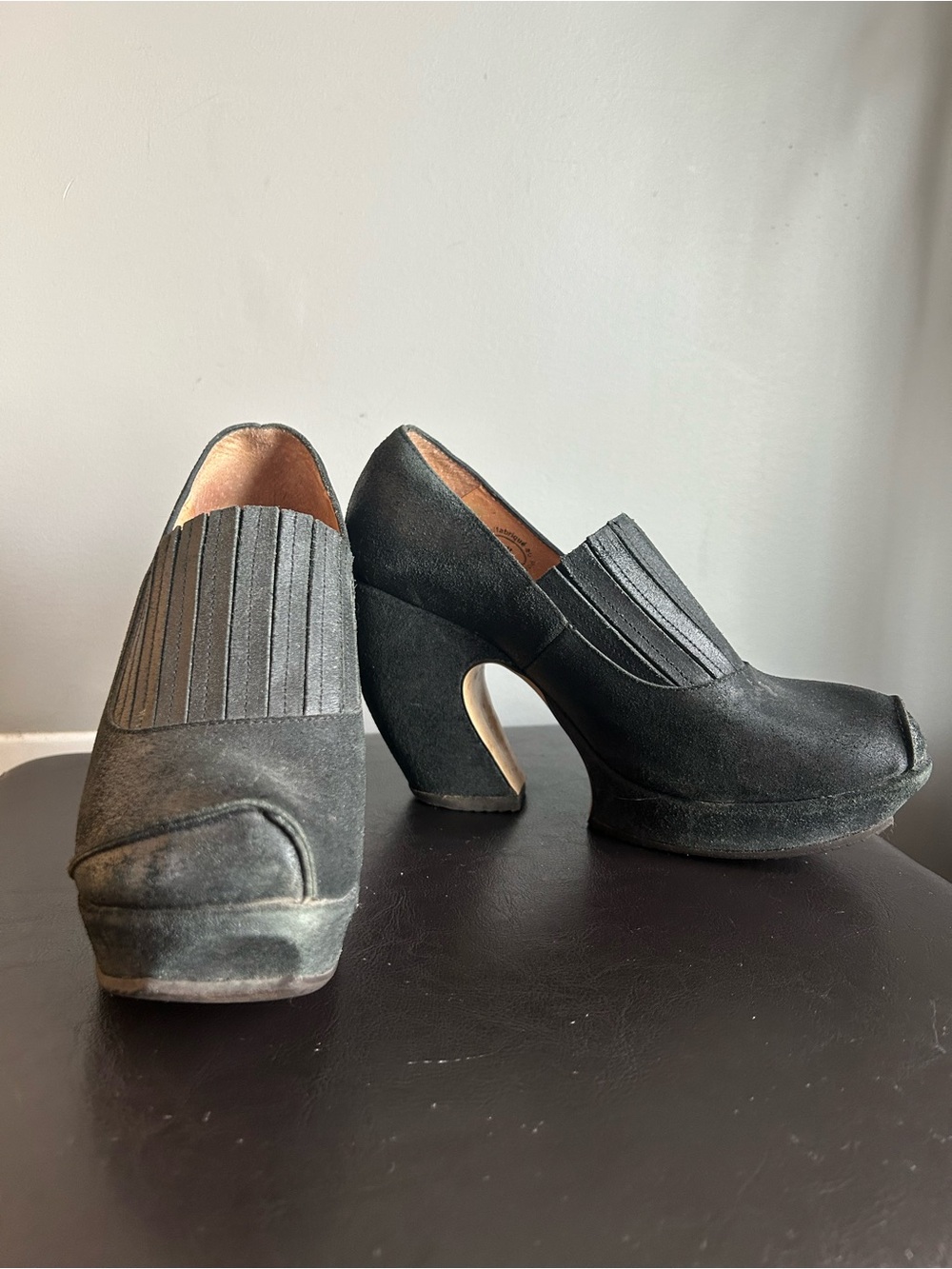 John Fluevog Prepare Hi Steady Black Suede Platform Heels with Elastic Detail